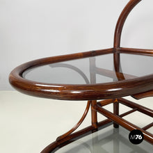 画像をギャラリービューアに読み込む, Double-shelf coffee table in smoked glass and dark bamboo, 1960s