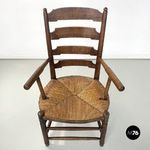 Load image into Gallery viewer, Wood and straw chair with armrests, late 1800s