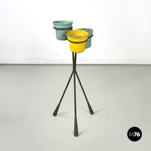 Load image into Gallery viewer, Brass and light blue and yellow metal floor ashtray, 1950s