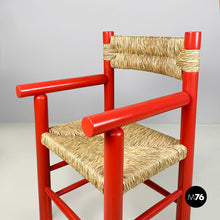 Charger l'image dans la galerie, Chairs with armrests in red wood and straw, 1970s