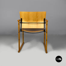 Load image into Gallery viewer, Chairs with armrests in wood and black metal, 1970s