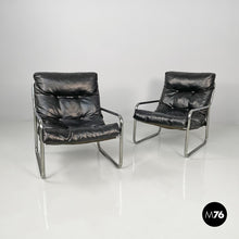 将图片加载到图库查看器,Armchairs in metal and black synthetic leather, 1970s