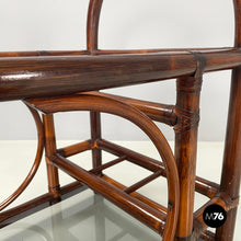画像をギャラリービューアに読み込む, Double-shelf coffee table in smoked glass and dark bamboo, 1960s