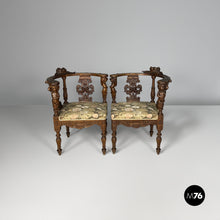 Charger l'image dans la galerie, Wooden armchairs with floral fabric, late 19th century
