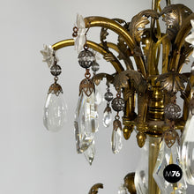 画像をギャラリービューアに読み込む, Glass drop chandelier with brass structure, 1900-1950s