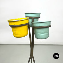 Load image into Gallery viewer, Brass and light blue and yellow metal floor ashtray, 1950s