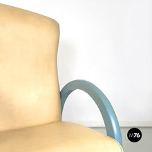 Load image into Gallery viewer, Armchair in beige leather and light blue wood, 1980s