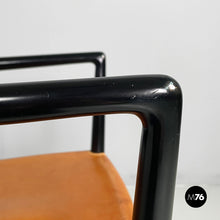 将图片加载到图库查看器,Chairs in black wood and brown leather, 1980s