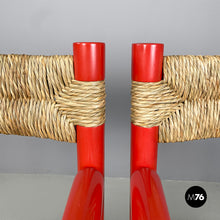 Charger l'image dans la galerie, Chairs with armrests in red wood and straw, 1970s