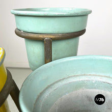 Load image into Gallery viewer, Brass and light blue and yellow metal floor ashtray, 1950s