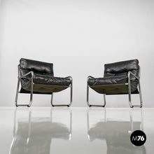 将图片加载到图库查看器,Armchairs in metal and black synthetic leather, 1970s