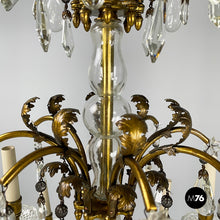 画像をギャラリービューアに読み込む, Glass drop chandelier with brass structure, 1900-1950s