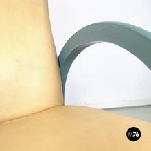 Load image into Gallery viewer, Armchair in beige leather and light blue wood, 1980s