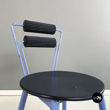 将图片加载到图库查看器,Chairs in blue metal, black wood and black rubber, 1980s