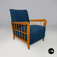 将图片加载到图库查看器,Blue fabric and wood armchairs, 1940s