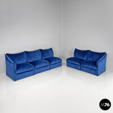 画像をギャラリービューアに読み込む, Modular sofa in blue velvet, 1980s