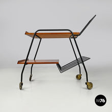 Load image into Gallery viewer, Wood and black metal trolley with brass wheels, 1960s