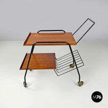 Load image into Gallery viewer, Wood and black metal trolley with brass wheels, 1960s