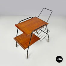 Load image into Gallery viewer, Wood and black metal trolley with brass wheels, 1960s