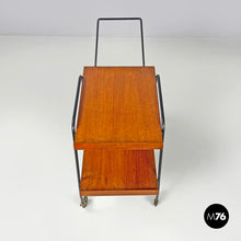 Load image into Gallery viewer, Wood and black metal trolley with brass wheels, 1960s
