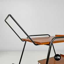 Load image into Gallery viewer, Wood and black metal trolley with brass wheels, 1960s