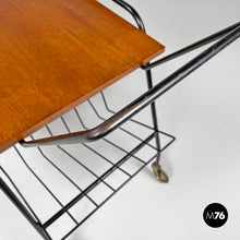 Load image into Gallery viewer, Wood and black metal trolley with brass wheels, 1960s