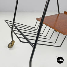 Load image into Gallery viewer, Wood and black metal trolley with brass wheels, 1960s