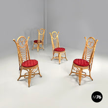 画像をギャラリービューアに読み込む, Rattan chairs with geometric decorations and red cushions, early 1900s