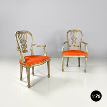 画像をギャラリービューアに読み込む, Green and gold wooden armchairs with orange cushions, 1700s