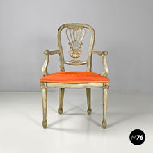 画像をギャラリービューアに読み込む, Green and gold wooden armchairs with orange cushions, 1700s