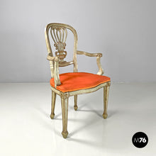 画像をギャラリービューアに読み込む, Green and gold wooden armchairs with orange cushions, 1700s