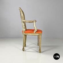 画像をギャラリービューアに読み込む, Green and gold wooden armchairs with orange cushions, 1700s