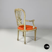 画像をギャラリービューアに読み込む, Green and gold wooden armchairs with orange cushions, 1700s