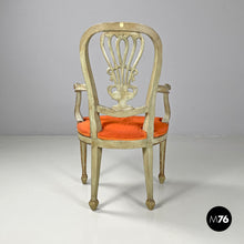 画像をギャラリービューアに読み込む, Green and gold wooden armchairs with orange cushions, 1700s