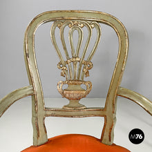 画像をギャラリービューアに読み込む, Green and gold wooden armchairs with orange cushions, 1700s