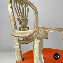 画像をギャラリービューアに読み込む, Green and gold wooden armchairs with orange cushions, 1700s