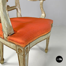 画像をギャラリービューアに読み込む, Green and gold wooden armchairs with orange cushions, 1700s