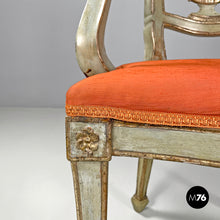 画像をギャラリービューアに読み込む, Green and gold wooden armchairs with orange cushions, 1700s