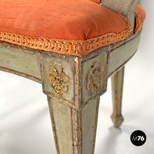 画像をギャラリービューアに読み込む, Green and gold wooden armchairs with orange cushions, 1700s
