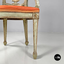 画像をギャラリービューアに読み込む, Green and gold wooden armchairs with orange cushions, 1700s