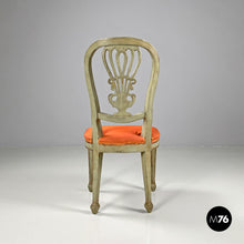 画像をギャラリービューアに読み込む, Green and gold wooden chairs with orange cushions, 1700s