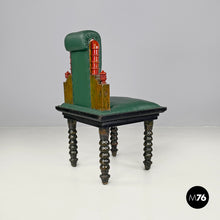 画像をギャラリービューアに読み込む, Green leather chairs with wooden decorations, 1930s