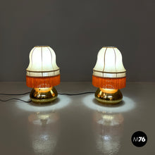 将图片加载到图库查看器,Brass table lamps with beige shade and orange fringes, 1980s