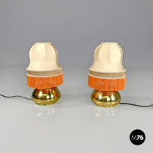 将图片加载到图库查看器,Brass table lamps with beige shade and orange fringes, 1980s