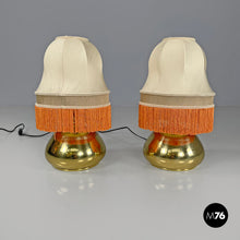 将图片加载到图库查看器,Brass table lamps with beige shade and orange fringes, 1980s