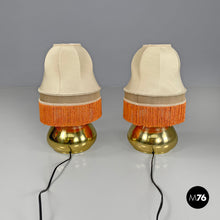 将图片加载到图库查看器,Brass table lamps with beige shade and orange fringes, 1980s