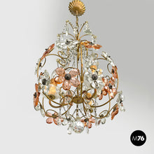 Load image into Gallery viewer, Chandelier in pink and clear glass and brass, early 1900s