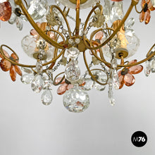 Load image into Gallery viewer, Chandelier in pink and clear glass and brass, early 1900s
