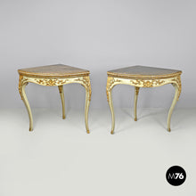 Load image into Gallery viewer, Gold and green corner wood consoles with lumachella marble top, 1700s