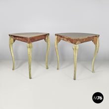 Load image into Gallery viewer, Gold and green corner wood consoles with lumachella marble top, 1700s